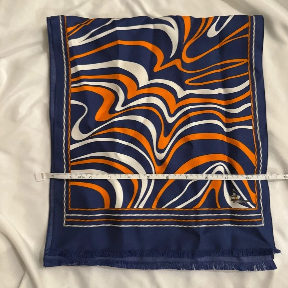 NWOT Vakko 100% Silk Abstract Swirl Print Scarf in Blue, Orange, and White